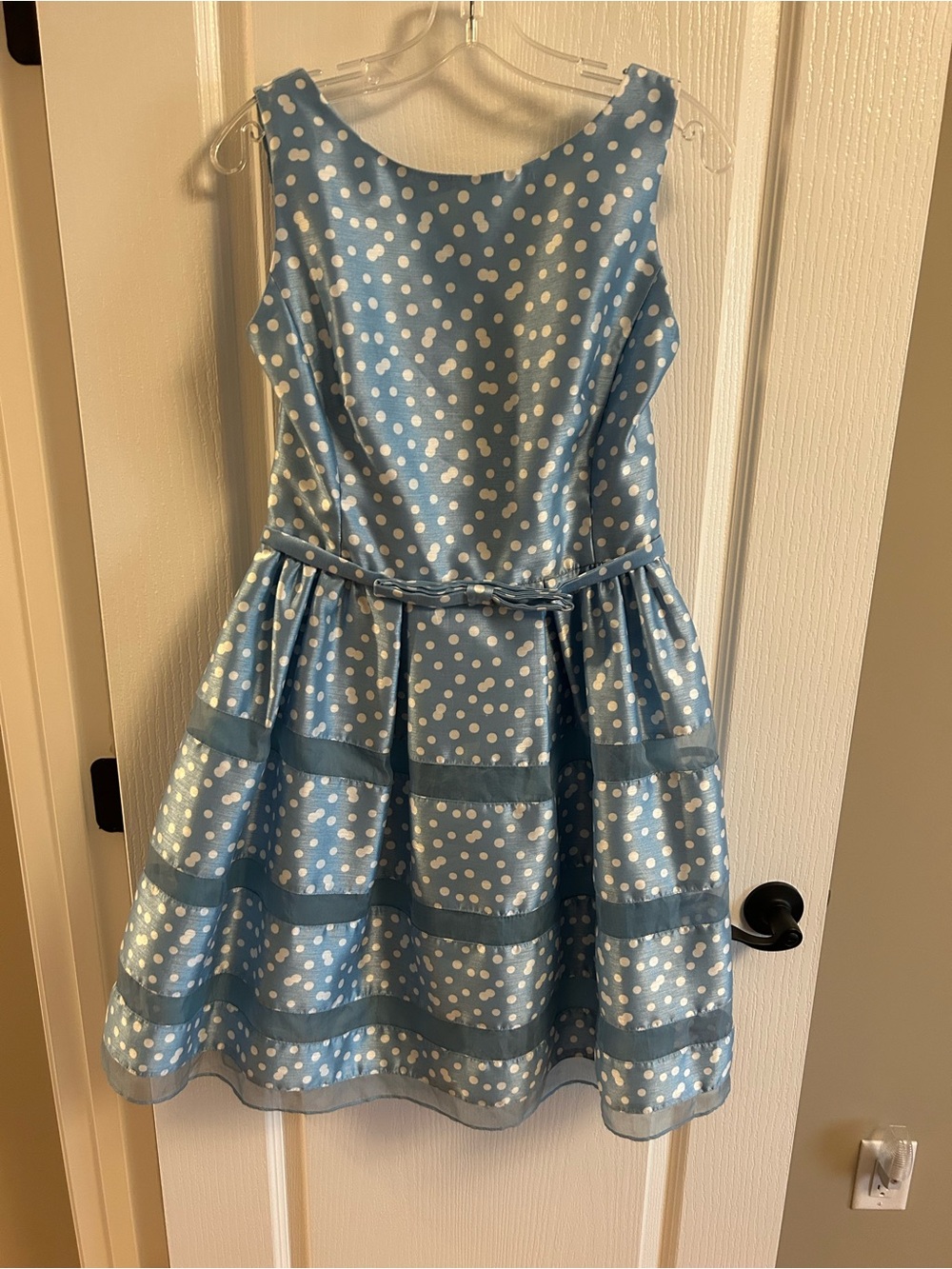 Taylor Light Blue Polka Dot Fit-and-Flare Party Dress with Waist Bow